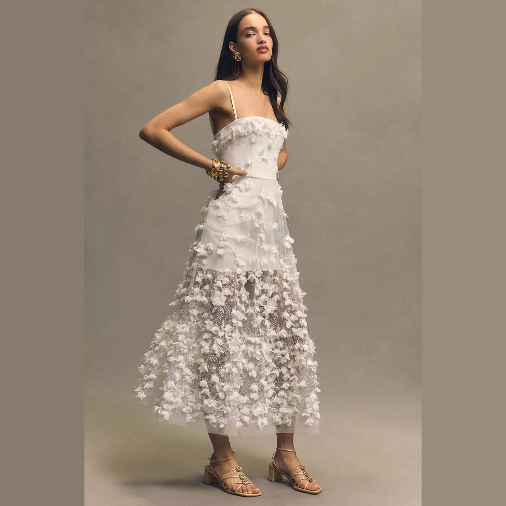 NEW Helsi - Size XL Audrey Square-Neck Floral Appliqué Sheer Midi Dress - Ivory